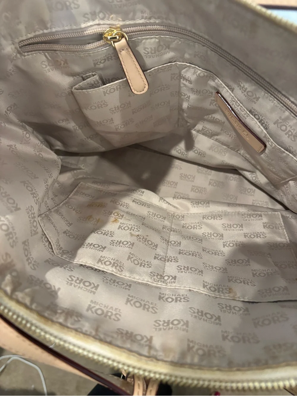 Michael Kors Beige Logo Jacquard Tote with Tan Leather Straps